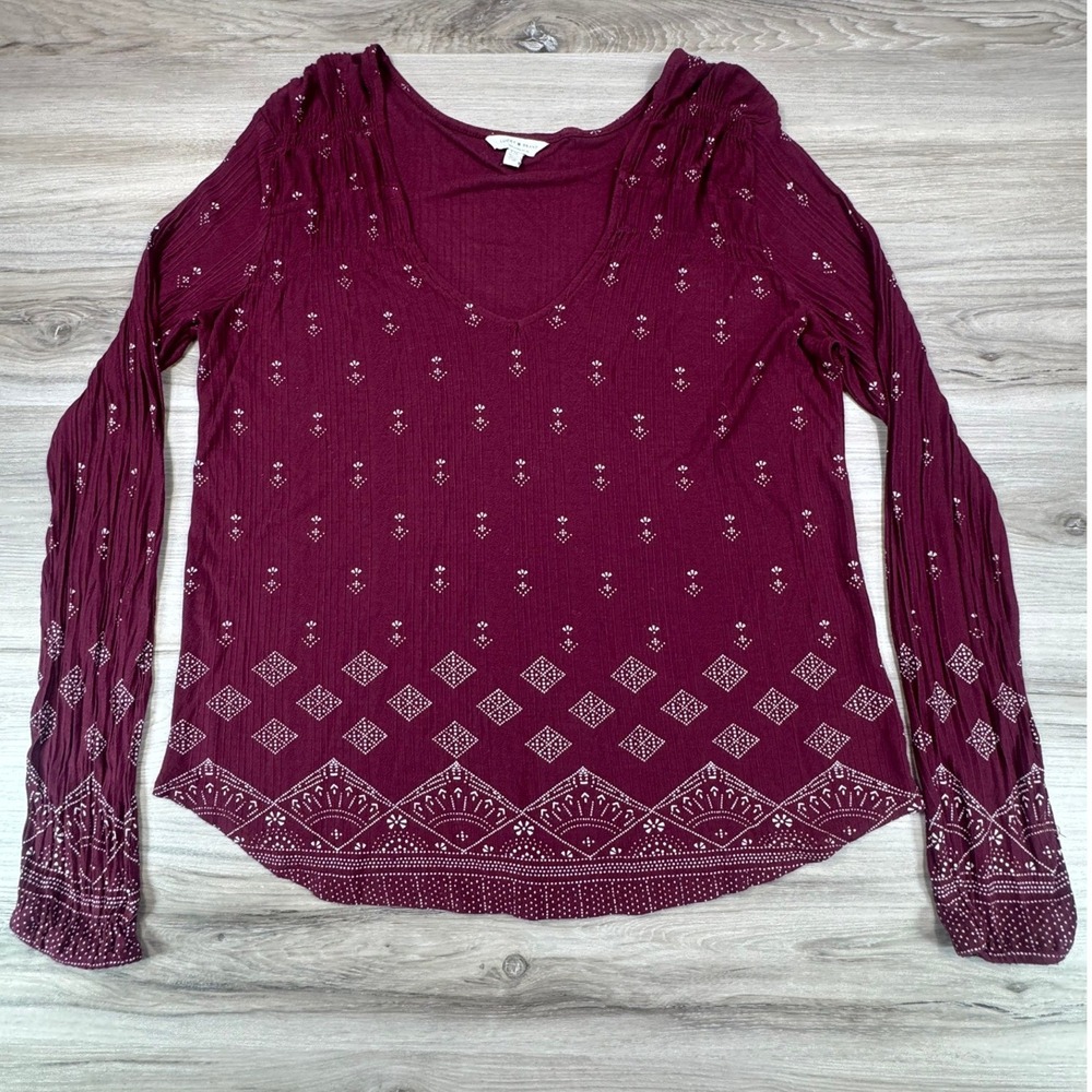 Lucky Brand Burgundy Boho Geometric Ribbed‎ V-Neck Top Long Sleeve L 7W63436